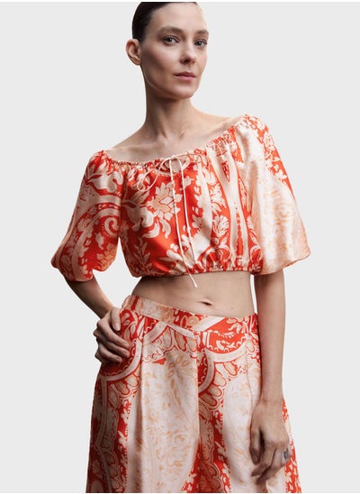 Buy Balloon Sleeve Bardot Printed Crop Top in Saudi Arabia