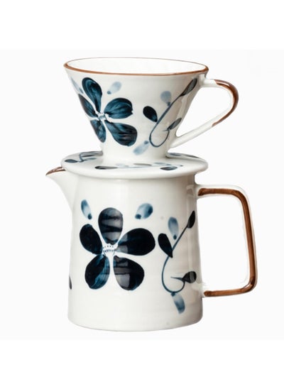 Buy Elegant Blue Porcelain Coffee Dripper Set: V60 Ceramic Filter Cup with Pot, Perfect for Home & Camping - Includes Glass Server, Paper Filters & Stand - Ideal Gift Kit for Manual Brewing in UAE