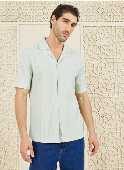 Buy Striped Textured Woven Camp Cuban Collar Relaxed Fit Shirt in Saudi Arabia