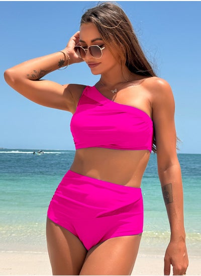 Buy Women's Single Shoulder Padded Bikini Bra And Thong Bottom Swimwear Set Rose Pink in Saudi Arabia