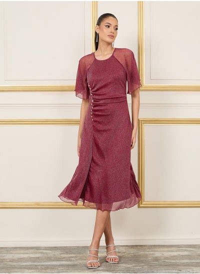 Buy Button Detail Glitter Mesh Sleeves A-Line Midi Dress in Saudi Arabia