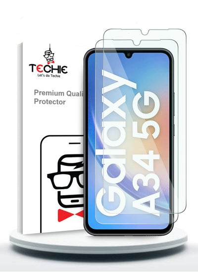 اشتري 2 Pieces HD Tempered Glass Screen Protector for Samsung Galaxy A34 - Anti Reflection Anti Bubbles 9H Hardness 0.33 mm Rounded Edges Easy Installation في السعودية