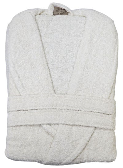 Buy Turkish Cotton Bathrobe Terry Unisex with Dual Pockets, Belt and Shawl Collar Off White One Size in UAE