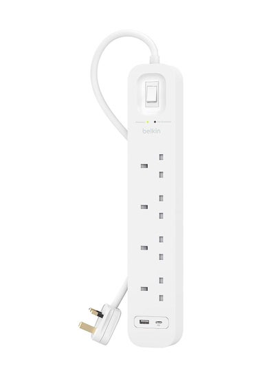 Buy Belkin 4-Outlet Surge Protector Power Strip, Wall-Mountable with 4 AC Outlets, 2M Power Cord, & Green Indicator Light - USB-C Port & USB-A Port w/USB-C PD Fast Charging - 525 Joules of Protection in UAE