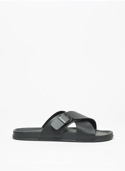 اشتري Men Solid Slip-On Cross Strap Sandals with Buckle Accent في الامارات