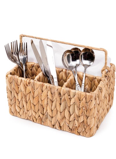 اشتري 1 Pack With Handle Flatware Organizer, Hand Woven Water Hyacinth Cutlery Holder for Countertop في الامارات