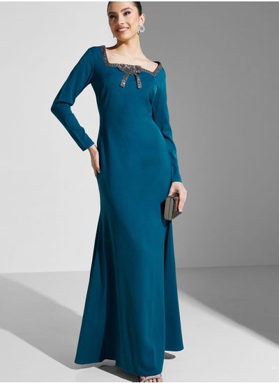 Buy Hadia Ghaleb Square Neck Gown With Shimmer Detail in UAE