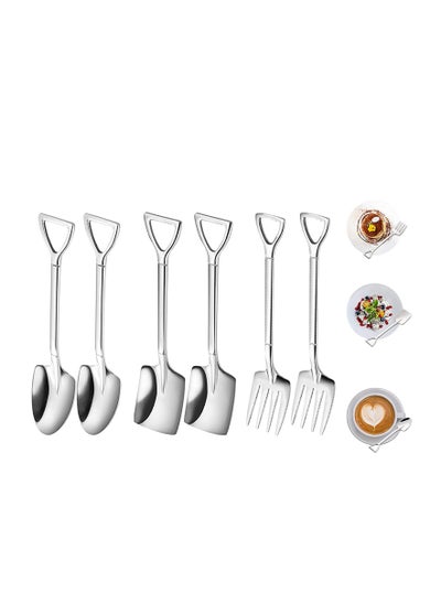 اشتري 6 Pcs Stainless Steel Coffee Latte Spoon, Shovel Spoon and Fork Set Ice Cream Spoon Dessert Tea Sugar Fruit Fork for Party, Long Handle Coffee Creative Fruit Fork for Party and Kitchen 6 Inch في الامارات