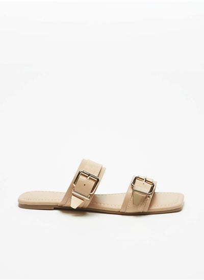 Buy Womens Textured Slip-On Dual Strap Slide Sandals with Buckle Accent in Saudi Arabia