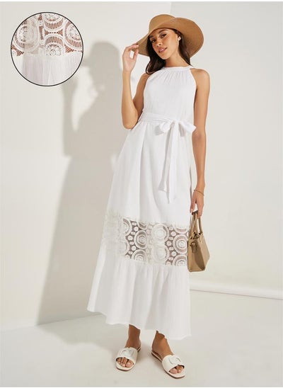 Buy Floral Lacer Cut Maxi Dress with Tie Belt in Saudi Arabia