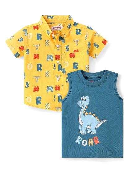 اشتري Babyhug Cotton Woven Half Sleeves Shirt With Sleeveless T-Shirt Alphabet & Dino Print - Yellow & Blue(12-24M,2-3Y&5-6Y) في الامارات