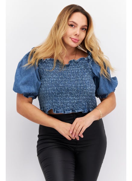 اشتري Women Off Shoulder Short Sleeves Textured Blouse, Blue في الامارات