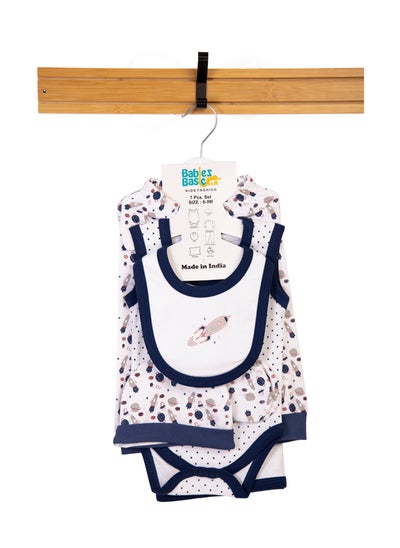 اشتري 7 Piece Unisex 100% Cotton Gift Set Include Bib, Blanket, Mitten, Cap, Romper, Top And Bottom Set, Blue في الامارات