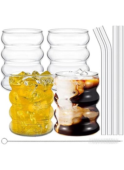 Buy Set of 4 Vintage Ripple Glass Cups with Straws for Coffee, Juice, and More in Saudi Arabia