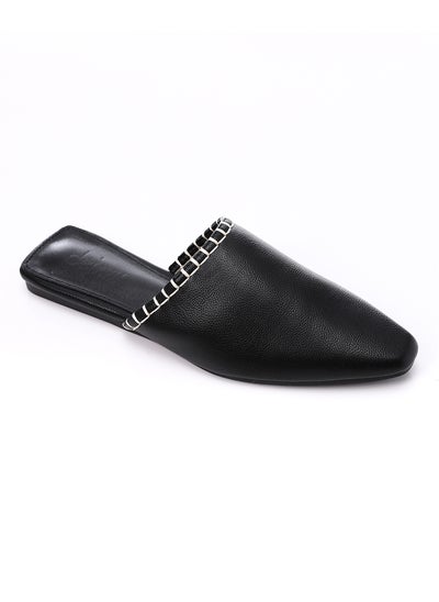 Buy Textured Leather Slip On Black Flat Mules in Egypt