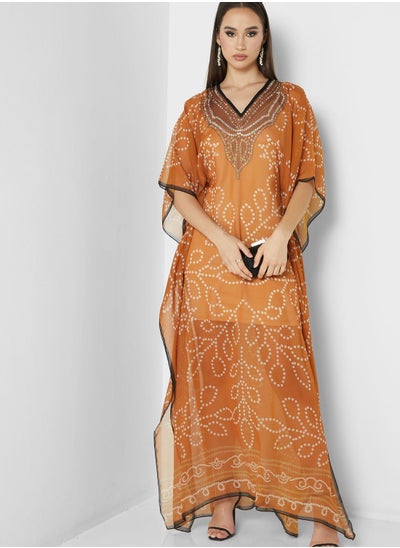 Buy Printed Lace Detail Kaftan in UAE