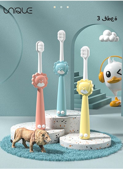 Buy 3Pcs Children's Toothbrush-Cartoon Little Lion 10,000 Root Hair Children Soft Bristle Toothbrush Household Single Bottle 2-6 Years Old Children Toothbrush Soft Bristle(Blue + Pink + Yellow） in Saudi Arabia