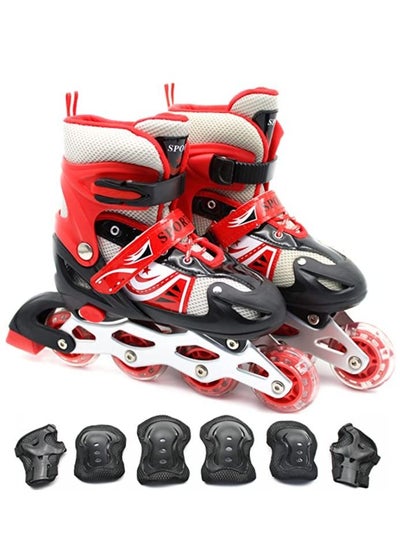 Buy Inline Skates Adjustable Size Roller Skates with Flashing Wheels Children Skate Shoes Including Protective Gear (Knee Elbow Wrist) Red Colour in UAE