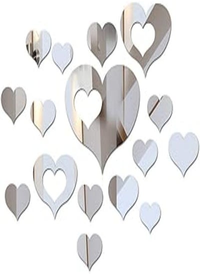 اشتري 16pcs 3D Acrylic Heart Shaped Mirror Wall Stickers Silver Removable Art Wall Stickers Home Decor Wall Decors Pre-Adhesive في مصر