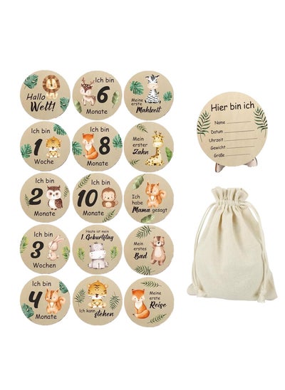 اشتري Monthly Milestone Photo Cards For Baby's First Year 15 Pieces Wooden Newborn Welcome Discs Sign Double Sided Photo Prop With Stand Exquisite Animal Pattern Pregnancy Journey Milestone Markers في الامارات