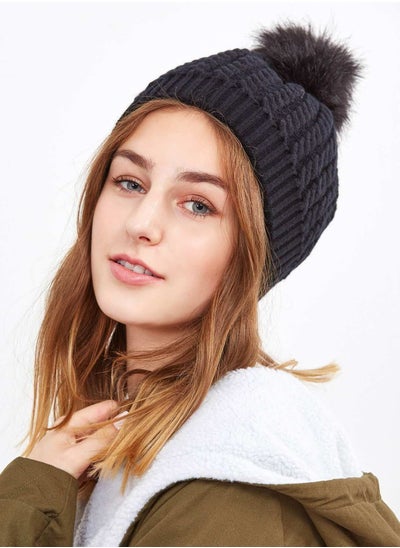 Buy Black Ribbed Pom Pom Knit Hat in UAE