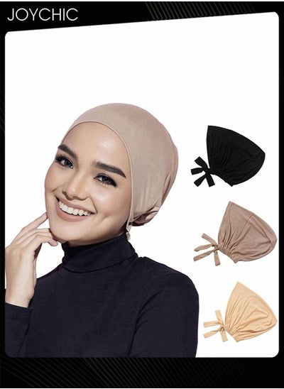 Buy 3-Piece Solid Color Women Under Scarf Chemo Headwear Hat  Stretchable Hijab Cap Islamic Muslim with  Adjustable Tie-Back Closure in Saudi Arabia