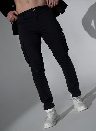 Buy Men Black Slim Fit Cargo Trousers in UAE