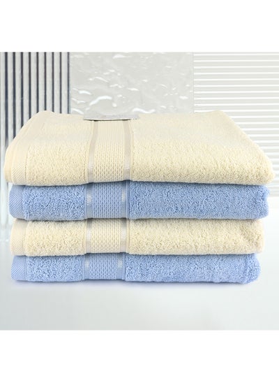 اشتري 4 Piece Bathroom Towel Set Alizaya 500 GSM 100% Cotton Terry 4 Bath Towel 70x140 cm Blue & Ivory Color Quick Dry Super Absorbent في الامارات