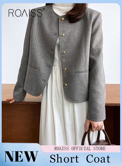 Buy Women's Solid Color Blazer Premium Cropped Long Sleeve Blazer Women's Slim Work Office Blazer Round Neck Jacket Single-breasted Multi-button Long-sleeved Sweater Jacket in Saudi Arabia