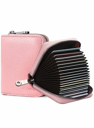 Buy Card Cases, RFID 20 Card Slots Credit Card Holder Genuine Leather Small Card Case for Women or Men Accordion Wallet with Zipper (Pink) in Saudi Arabia