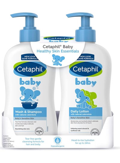 اشتري Cetaphil Baby Wash & Shampoo Plus Body Lotion, Healthy Skin Essentials, Head to Toe Hydration for up to 24 Hours, for Delicate, Sensitive Skin, 2 x 399 ml في الامارات
