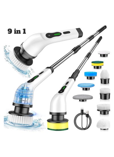 Buy Cordless Electric Spin Scrubber, Electric Cleaning Brush with 9 Replacement Brush Heads, 90Mins Working Time, 3 Adjustable Handle, 2 Adjustable Speeds for Bathroom Kitchen Bathtub Glass Car in UAE