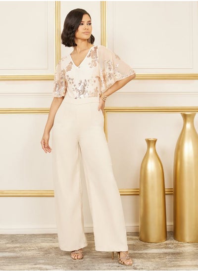 Buy Sequin Detail Mesh Insert Wide Leg Jumpsuit in Saudi Arabia