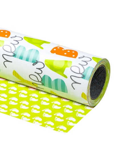 اشتري Reversible Wrapping Paper Roll Mini Roll Baby And Footprint Pattern Great For Baby Shower Birthday Party 17.5 Inches X 32.8 Feet في الامارات