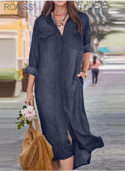 اشتري Women's Casual Denim Shirt Dress Loose Fit Button Closure Denim Dress With Pockets On Both Sides Lightweight Long Dress في السعودية