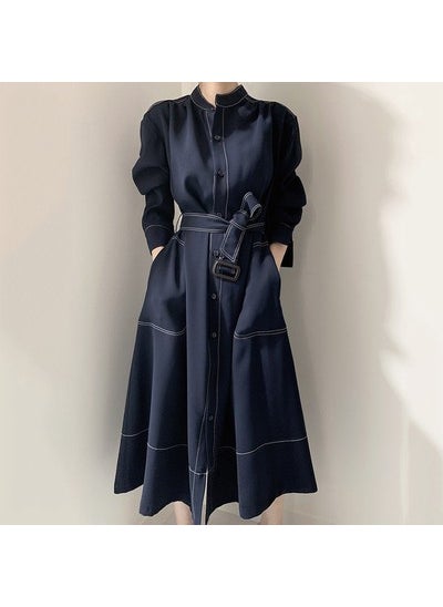 اشتري Korean Fashion Loose-Fit Dress Belted Waist Slimming Blue في السعودية