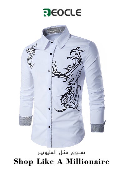 Buy Men's Shirts Print Button Down Dress Shirt Fashion Long Sleeve Casual Shirts Slim Fit Shirts Stretch Dress Shirt Wrinkle-Free Regular Fit Shirts in Saudi Arabia