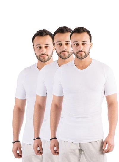 Buy 3 Pieces Men Undershirt V Neck Half Sleeves Cotton Stretch -White in Egypt