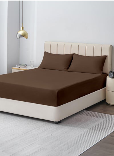 Buy Double Plain Fitted Sheet with 2 Pillow Case 160 x 200 Cm Coffee Brown in UAE