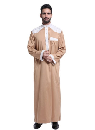 اشتري Men's Stand Collar Long Sleeve Casual Kandora Islamic Arabic Kaftan Thobe Camel/White في الامارات