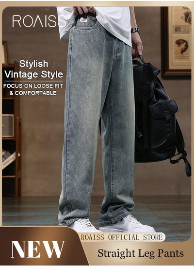 Buy High Quality Straight Leg Jeans for Men Casual Breathable Soft Loose Fit Wide Leg Denim Pants with Starry Sky Texture Mens Retro Trendy All Match Trousers for Daily Commute Wear in UAE