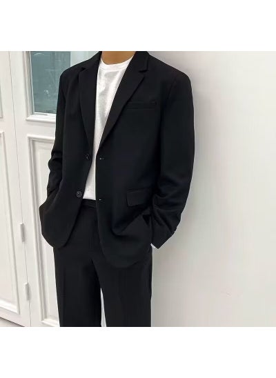 Buy Casual suit jacket mens spring and autumn Pu Shuai business formal wear trendy high sense plus size Hong Kong style suit suit men Black in UAE