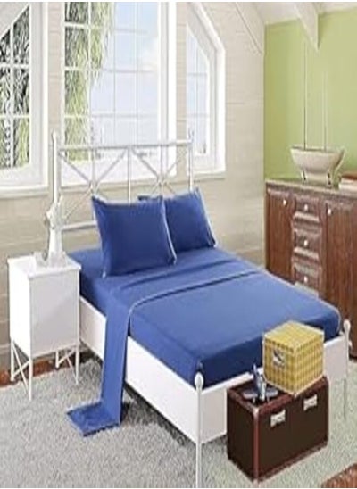 Buy Snooze Plain Cotton Flat Bed Sheet 220 * 235 cm with 2 Pillow Cases 45 * 65 cm - Blue in Egypt