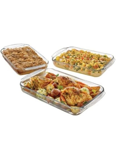 Buy Windcera Rectangle Tempered Glass Bake Ware - Baking Pan Set Of 3 - Pcs - With Handle And Box Pack - 1L + 1.6L + 2.2L in Saudi Arabia