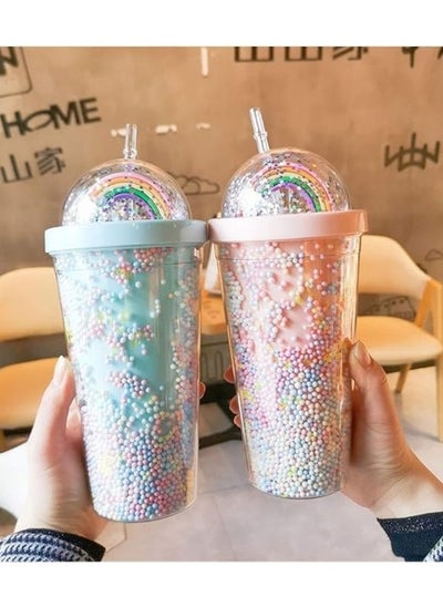 Buy Double Layers Rainbow Plastic Water Bottle With Straw Creative 550ml Mug in Egypt