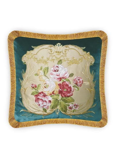 Buy Turquoise Velvet Cushion Cover Aubusson Rose Decorative Pillowcase Floral Bouquet Embroidery  for Sofa Chair Living Room 45x45 cm 18x18 In in UAE