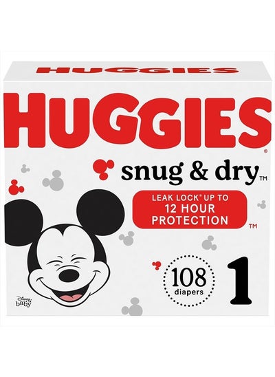 Buy Huggies Size 1 Diapers, Snug & Dry Newborn Diapers, Size 1 (8-14 lbs), 108 Count in UAE