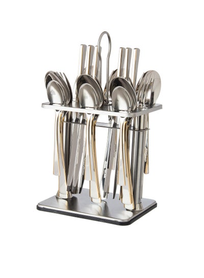 Buy Silver and gold stainless steel cutlery set with stand, 24 pieces in Saudi Arabia