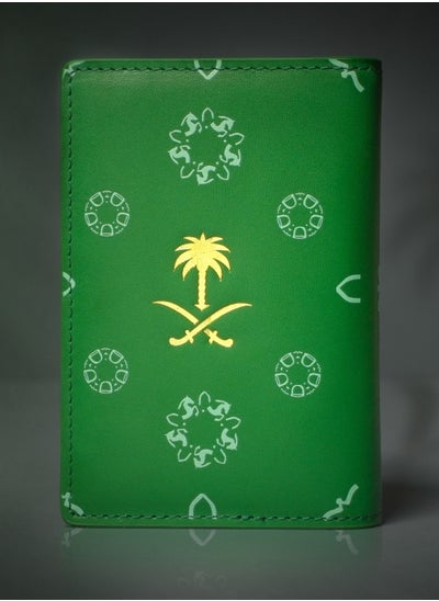 Buy Genuine cowhide Leather Card Holder Wallet with Saudi Emblem and Founding Day icons in Saudi Arabia