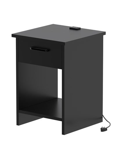 Buy Mahmayi Modern Night Stand Table, Side Table with Attached BS02 Desktop Socket USB A/C Port Single Drawer Storage and Open Storage Shelves, Side Table For Living Room, Bedroom - Black in UAE